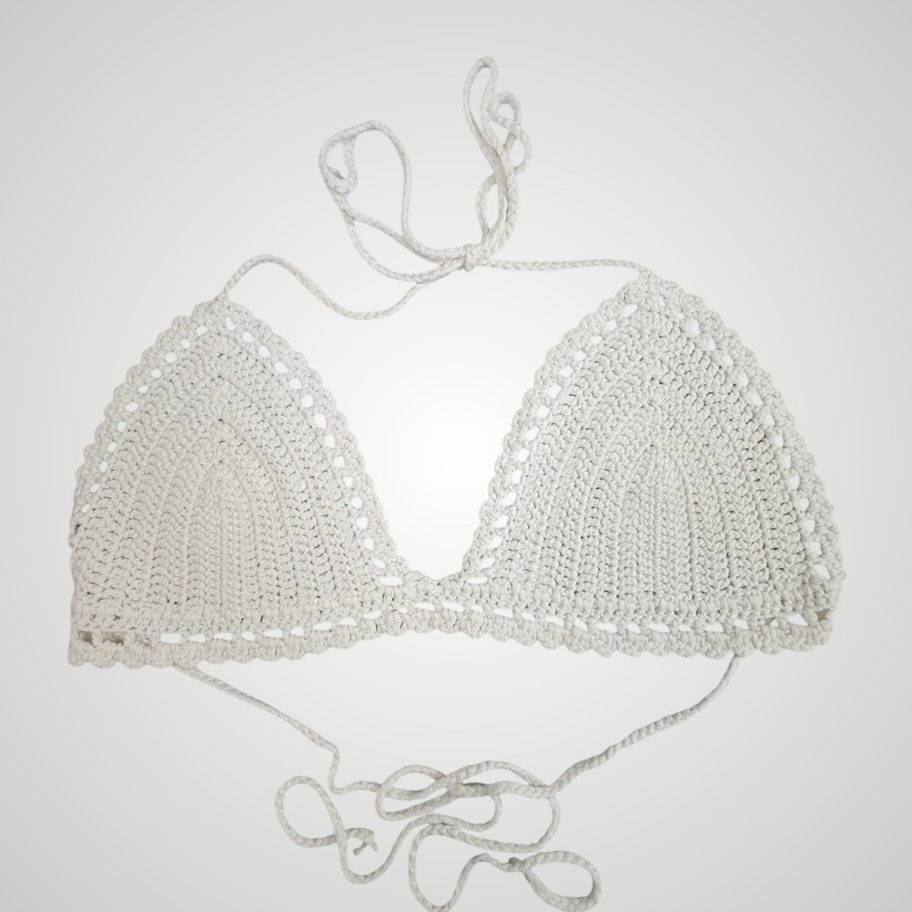 Handmade Crochet Bikini Top Cream Boho Scalloped Triangle Halter Top